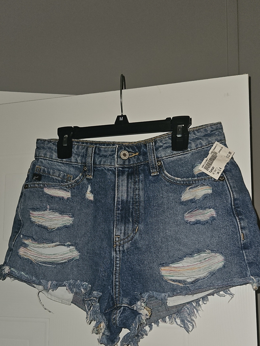 KanCan Distressed Rainbow-Thread Blue Jean Shorts